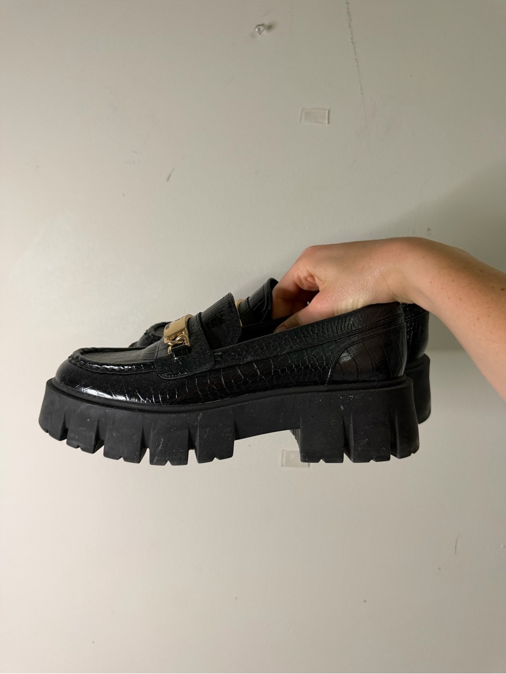 Guess Chunky Black Croc-Embossed Platform Loafers with Gold Bit